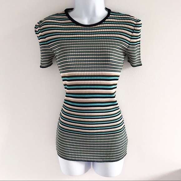 Future Ozbek Tops - Ozbek Knitted Striped Short Sleeve Top Blue Black Tan 90’s Y2K Vintage